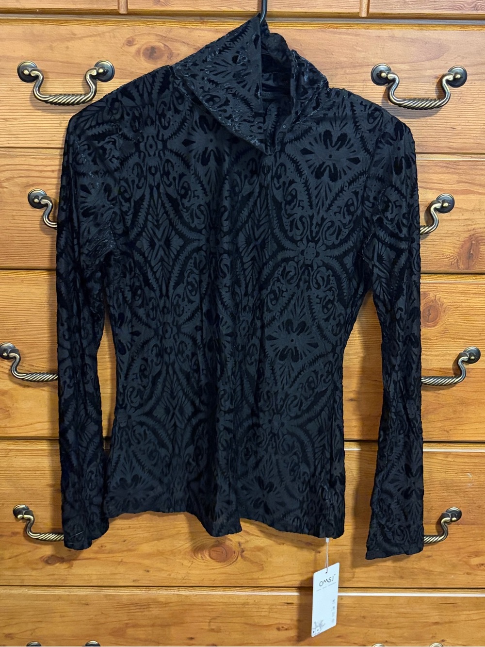 Just My Size Black Burnout Velvet-Patterned Long Sleeve Top